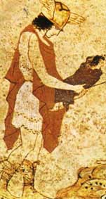 Hermés apporte le nouveau né  Dionysos aux Nymphes (Détail d'un vase calicien , environ 440 av-Jc)