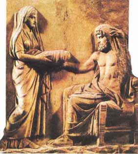 Rhéa remet a son époux et frère, la pierre enfouie dans les langes  à la place de Zeus